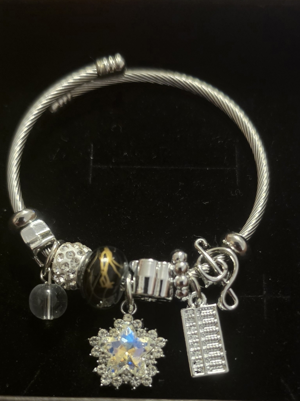 Silver-Tone Charm Bangle Bracelet with Crystal Star and Abacus Charms